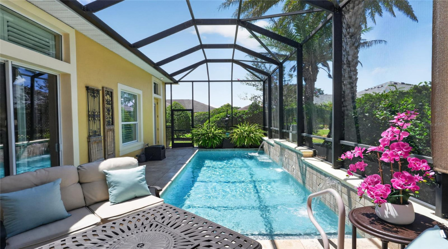 Another View Of Pool Area W/ Mansard Screen Enclosure Shows An Ideal Lap Pool For Exercise And Cooling Off In Warmer Summer Months. Note  Last Door On L Leads To Bathroom #3.The Bronze Statue Of A Woman Flanked By Lush Ferns At The Southern End Of The Pool Is Where Screen Door Exit Is Located (Back L).