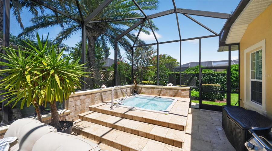 Custom Built-In Spa - Close-Up View Of The Raised Spa Platform With Travertine Tiled Deck, Entry Steps And Handrail. Note The Screen Door Exit (R) On North Side Of Home For Side Yard Access.