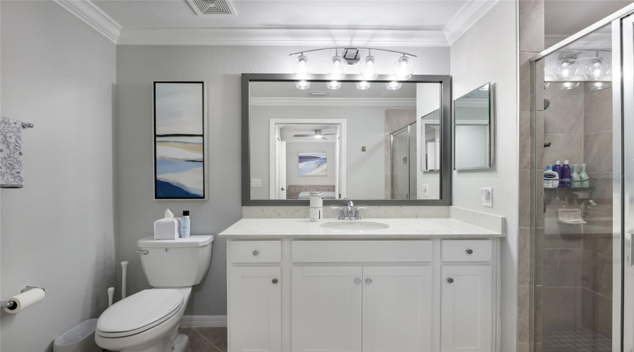 New Light Fixture &Amp; Framed Mirror In Primary Bathroom