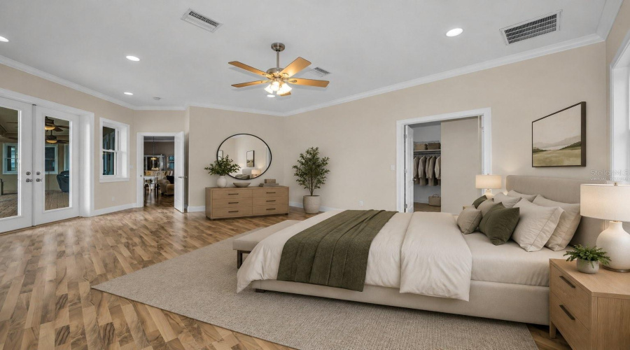 Virtually Staged, Bed Towards Double Door Exit To Covered Lanai