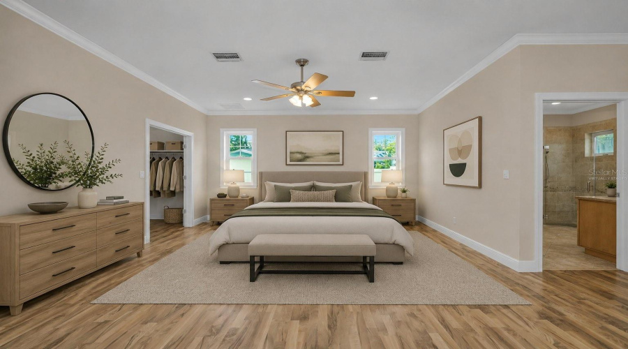 Virtually Staged, Bed Between Closet And Bath
