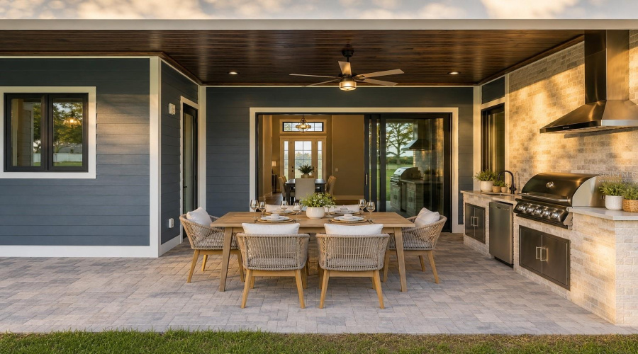 Covered Lanai With Outdoor Kitchen Overlooking The Championship Golf Course-Virtually Staged