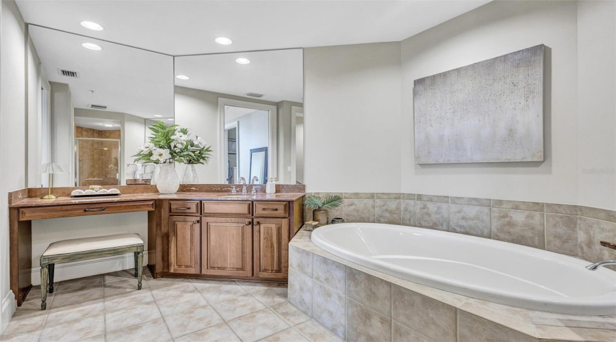 Ensuite Bath With Dual Sinks, Vanity, Soaking Tub, Separate Shower And Water Closet