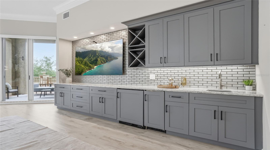 Custom Media Wall With Wet Bar, Wine Storage, And Ice Maker.