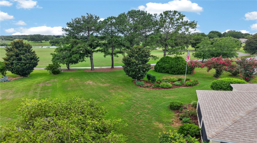 Elevated Backyard View Featuring Open Green Space, Mature Trees, Colorful Landscaping, And A Serene Setting Behind The Home.