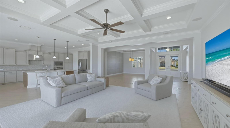 Great Room With Coffered Ceiling