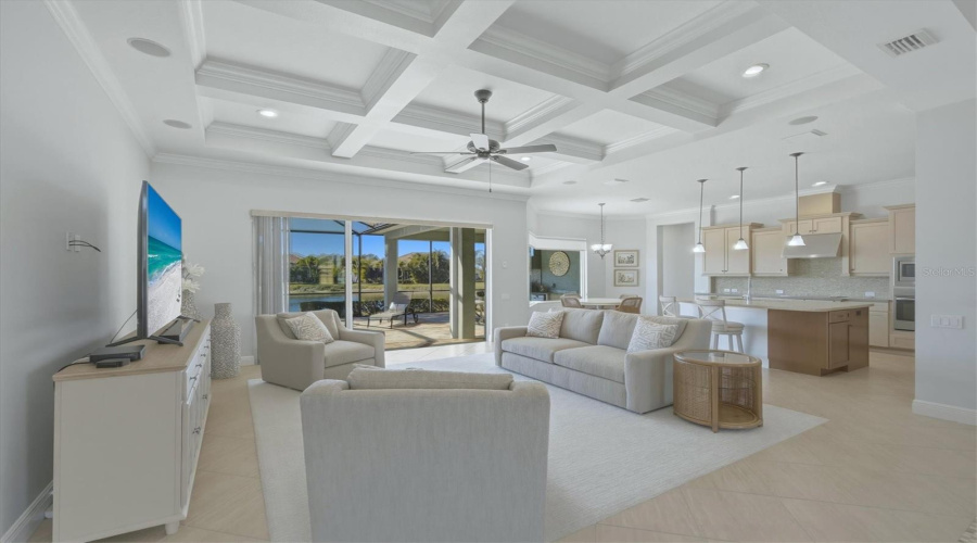 Great Room With Coffered Ceiling