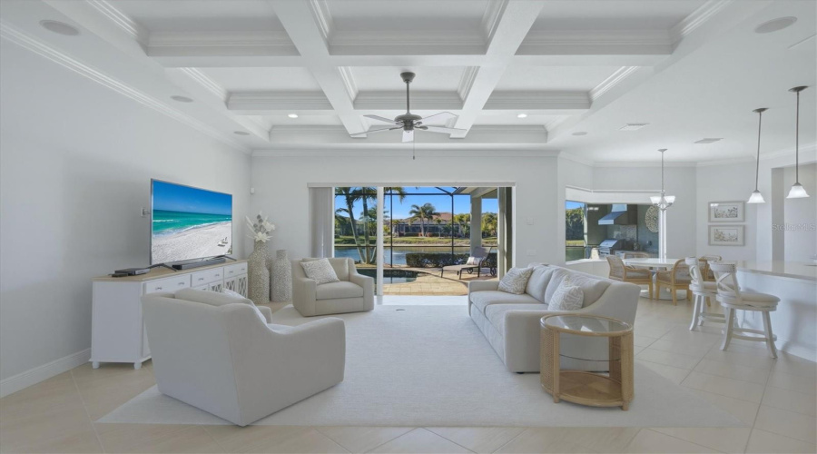 Great Room With Coffered Ceiling