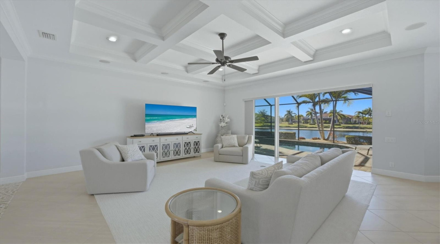 Great Room With Coffered Ceiling