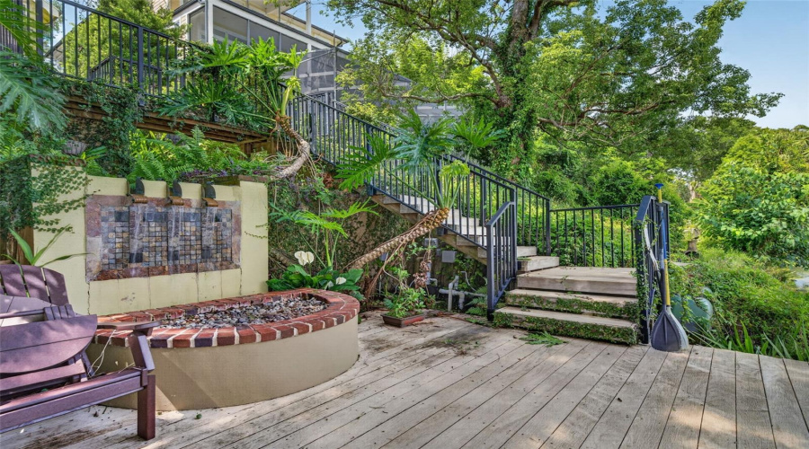 Water Fall And Fire Pit On Lakefront Deck