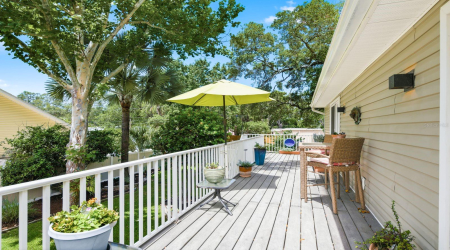 Trex Upstairs Deck Overlooking Beautifully Landscaped Backyard.