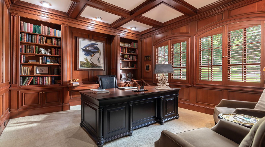 Library/ Office With Solid Cherry Wood Lined Walls, Shutters &Amp; Coffered Ceiling Can Be Used For The 5Th Bedroom.