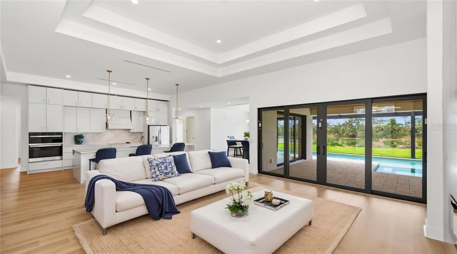 Virtually Staged Living Room Showcasing Tray Ceilings And Seamless Indoor-Outdoor Living.
