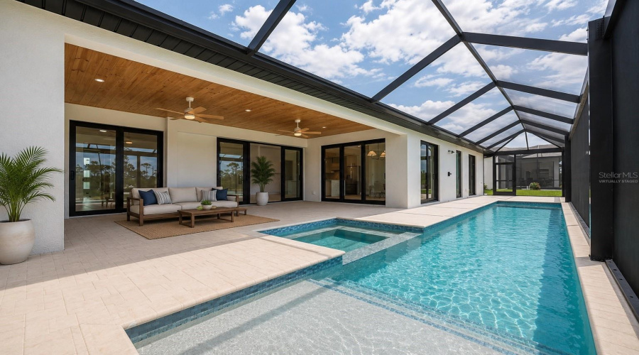 Virtually Staged Patio Showcasing The Resort Style Pool, Spa, And Expansive Covered Outdoor Living Area.