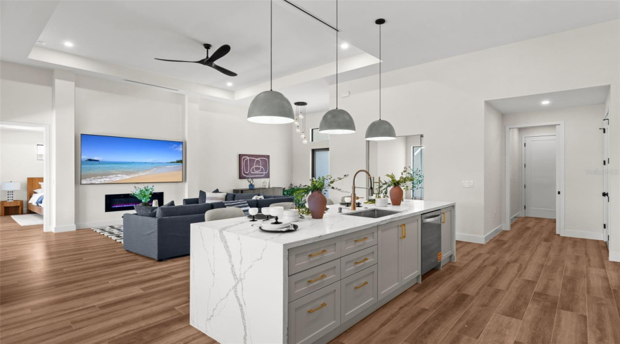 Designer Kitchen With Waterfall Island.