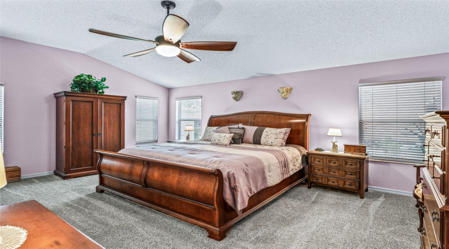 Generously Sized Primary Suite Features Soft Carpeting, Multiple Windows, A Ceiling Fan, And Ample Space For A Complete Bedroom Furniture Arrangement.