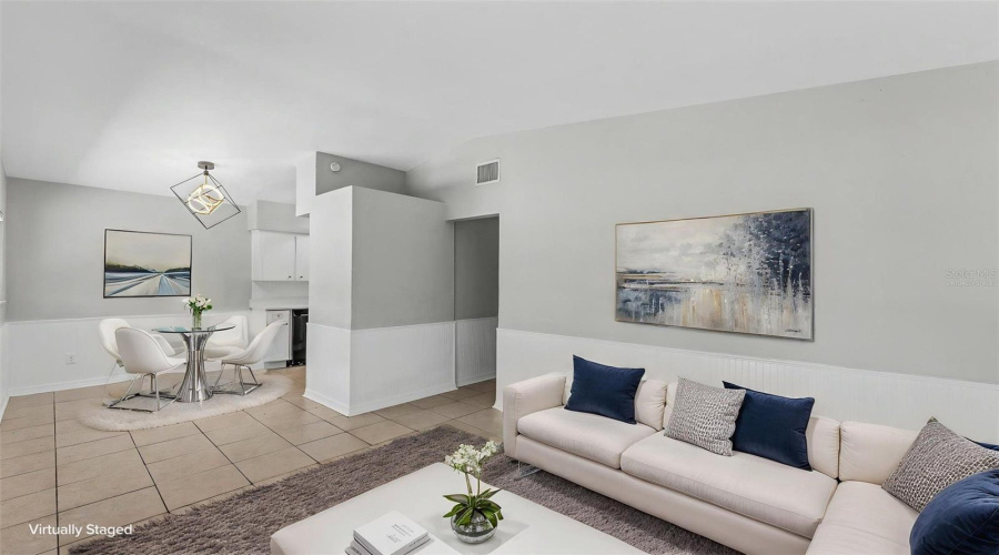 Family Room Looking Into Kitchen/Dining Area, Virtually Staged