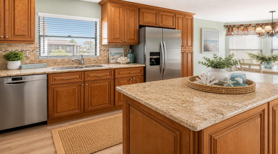 •  Kitchen: Virtually Staged – Coastal-Inspired Kitchen Featuring The Existing Cabinetry, Granite Countertops And Backsplash, With Added Décor And Refrigerator.