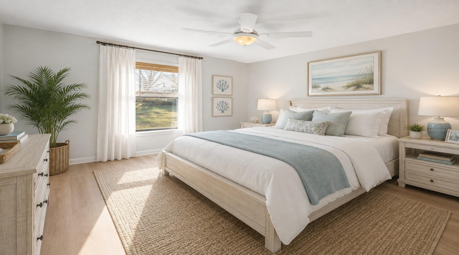 •  Primary Bedroom: Virtually Staged – Coastal-Inspired Primary Bedroom With Soft, Relaxing Colors And Comfortable Furnishings.