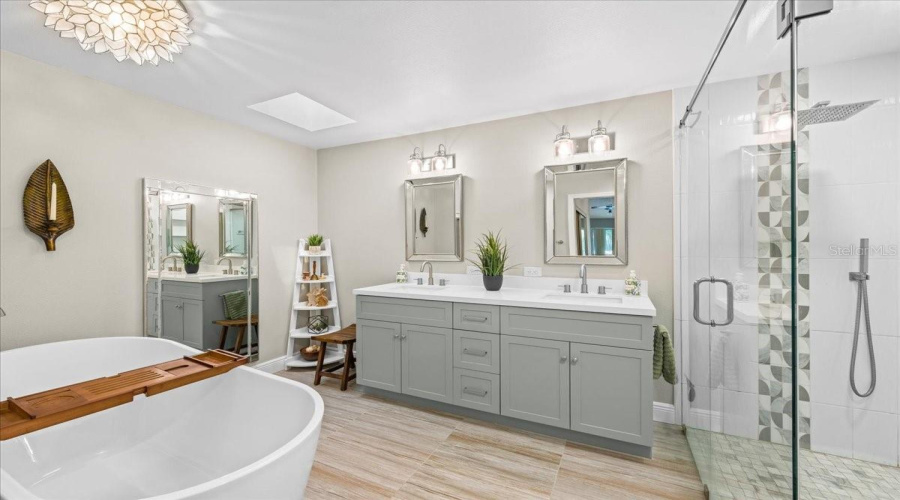Primary Bath Featuring Dual Sinks, Glass Enclosed Walk-In Shower And Freestanding Tub