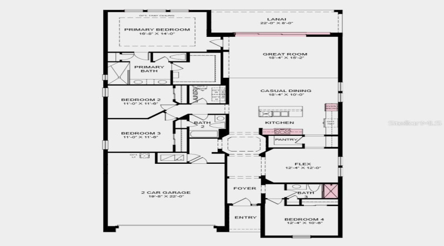 Floor Plan - Additional Highlights Include: Shower In Place Of Tub In Bath 3, 8' Interior Doors, Pre-Plumb Water Softener Loop, Pre-Plumb For Future Laundry Sink In The Garage, Extended Tile Flooring Into The Primary Bedroom, Ge Refrigerator, And Cushion Close Drawers In The Kitchen