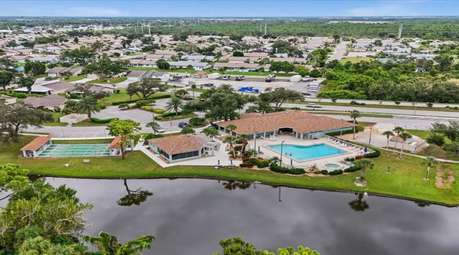 Aerial View Of The Back Of The Clubhouse, Pool, Gazebo And Shuffleboard Courts In Park Forest.