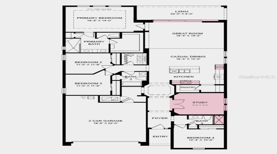 Floor Plan - Additional Highlights Include: Pocket Sliding Glass Door In Great Room, Shower In Place Of Tub In Bathroom 3, French Doors Into The Study, Refrigerator, And Pre-Plumb For Laundry Sink