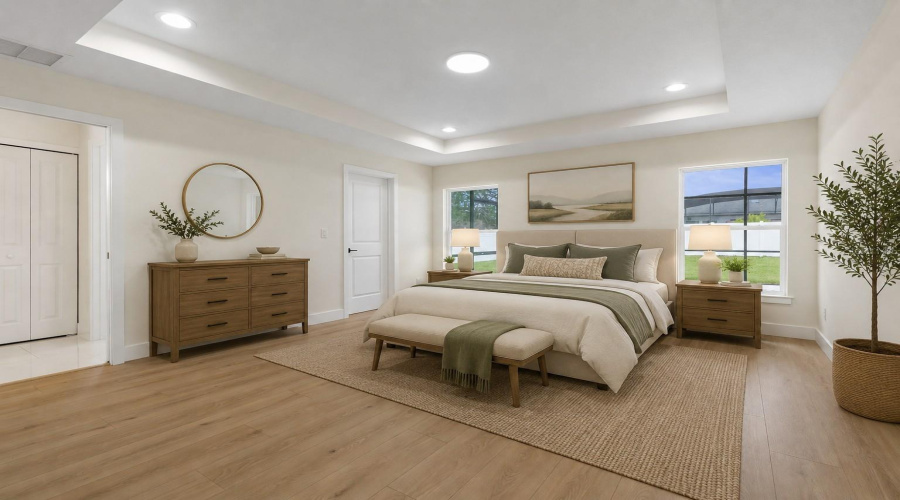 Elegant Primary Bedroom With Recessed Ceiling