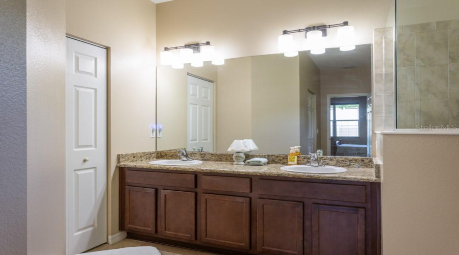 Double Sinks And Wooden Cabinets
