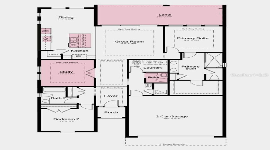 Floor Plan -  Additional Highlights Include: Tray Ceiling Package, 4' Garage Extension, Powder Room In Place Of Storage Closet, Outdoor Kitchen Rough-In, Pool/Spa Prewire With Gas Stub-Out, Laundry Package, Refrigerator, And 8' Interior Doors