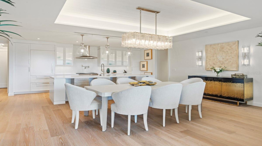 Dining Area With Tongue And Groove Ceiling Details And Lighting