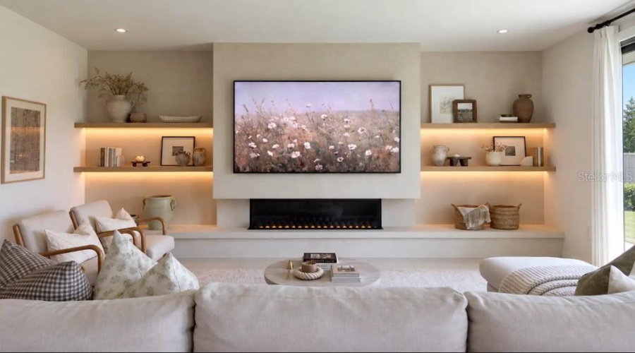 Custom Decorated Entertainment Wall With Built-In Fire Place