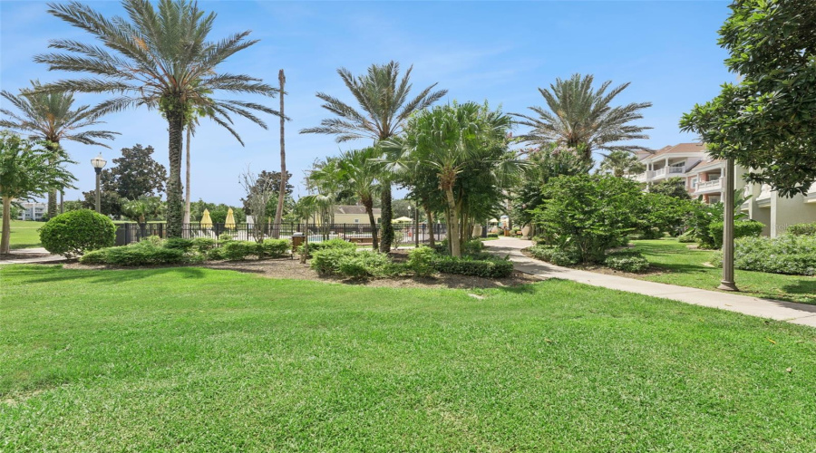 Landscaped Grounds &Amp; Courtyard: Ground-Level View Featuring Manicured Green Lawns, Paved Walking Paths, Tropical Palm Trees, And Gated Access To The Community Pool Facilities.